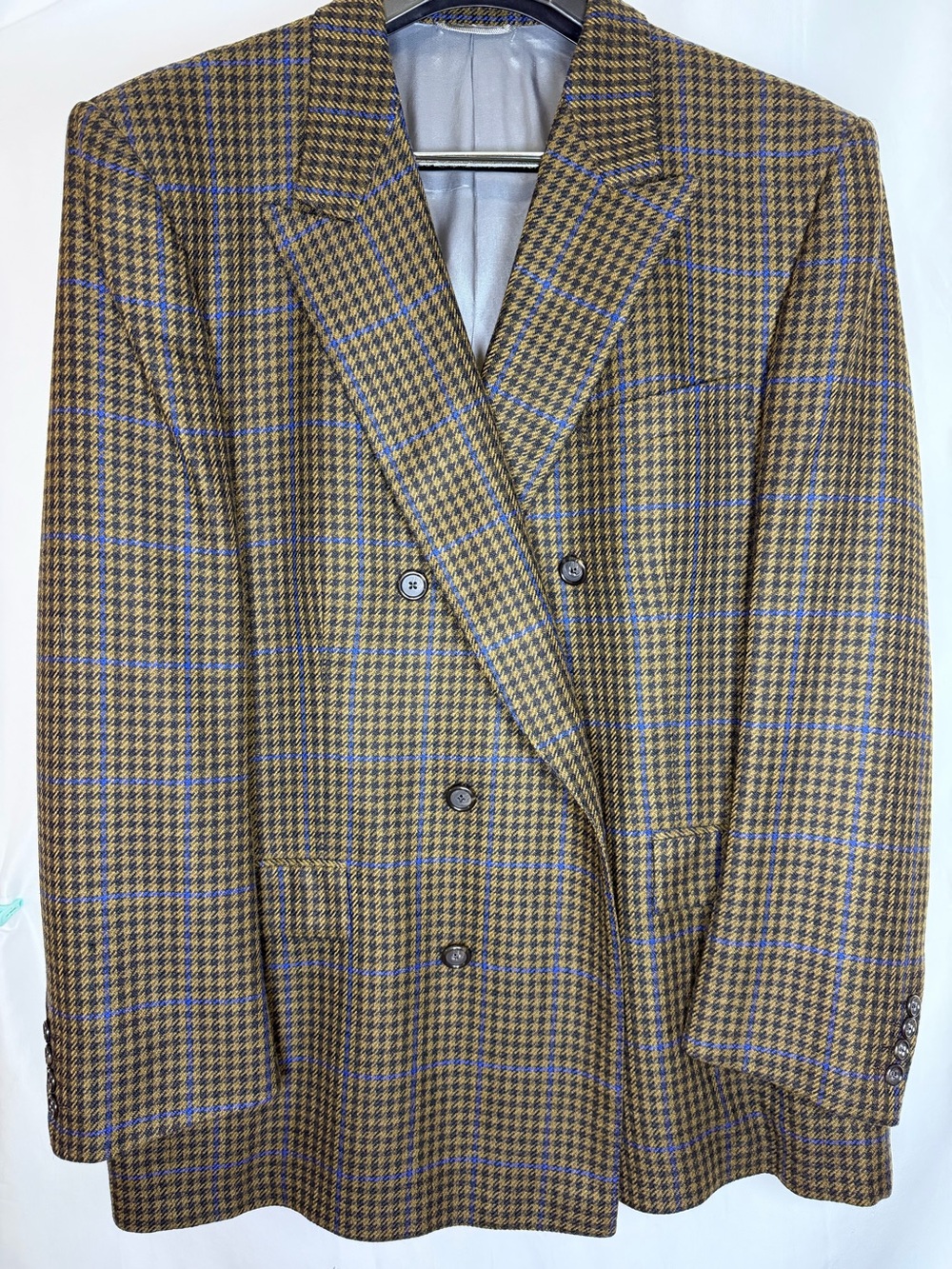 Vintage 90s Custom Houndstooth Plaid Wool Sport Coat Double-Breasted Blazer 46L